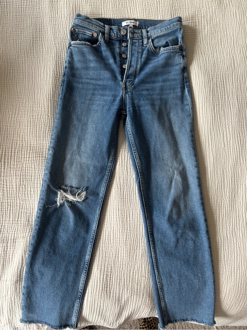 Re/Done Distressed Straight-Leg Jeans in Medium Blue